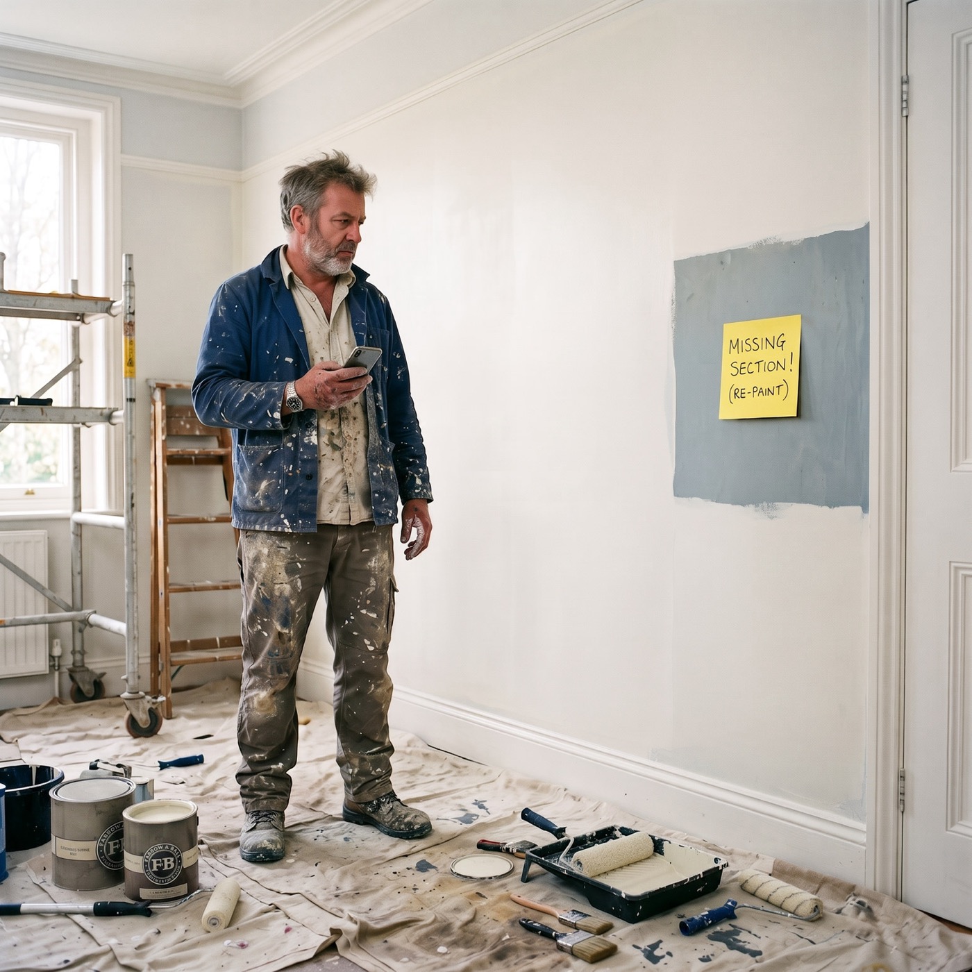 Painter looking at his phone next to a wall with one unpainted patch and a note saying missing section