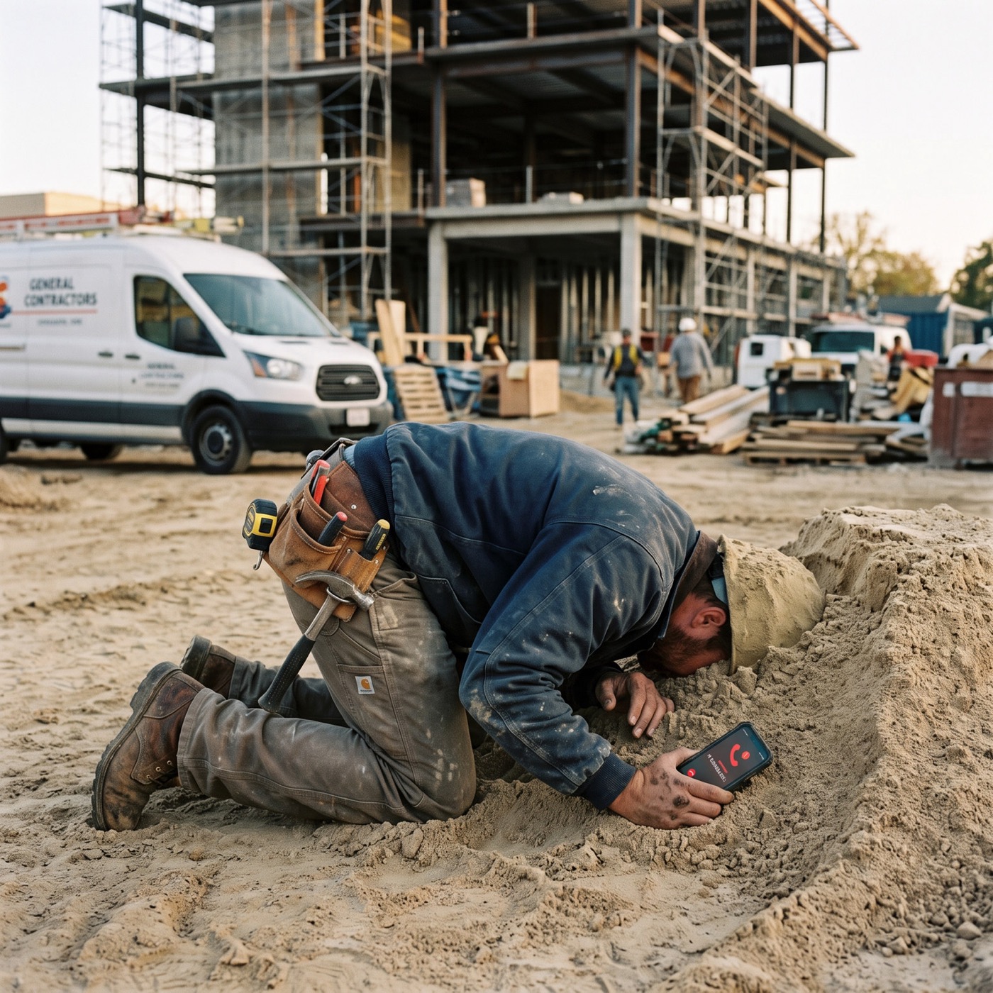 Tradesman with his head in the sand while a phone rings next to him on a building site