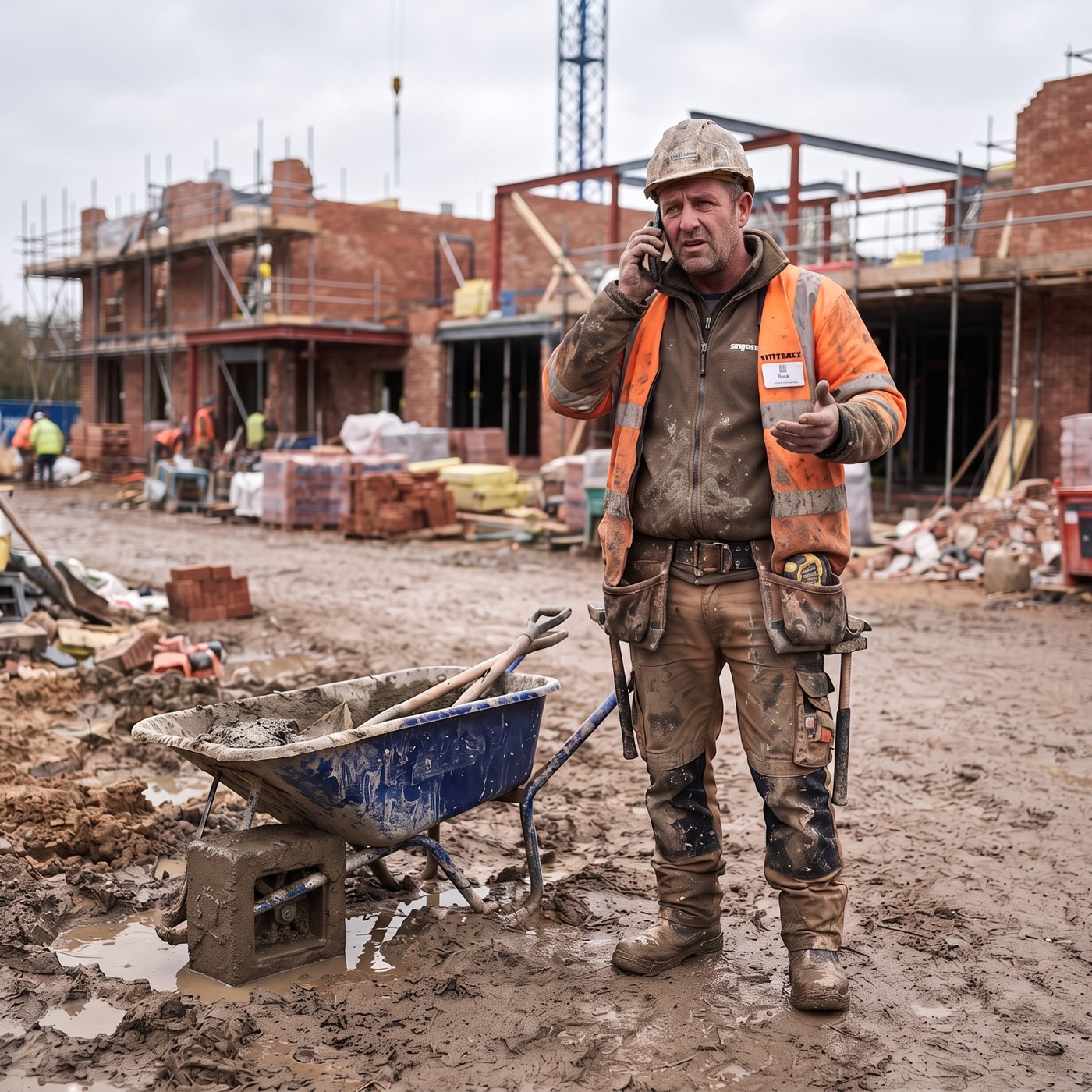 Builder on a muddy site on the phone next to a wheelbarrow