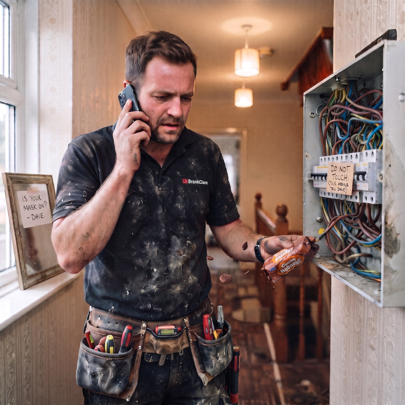 Electrician on a call beside an open consumer unit