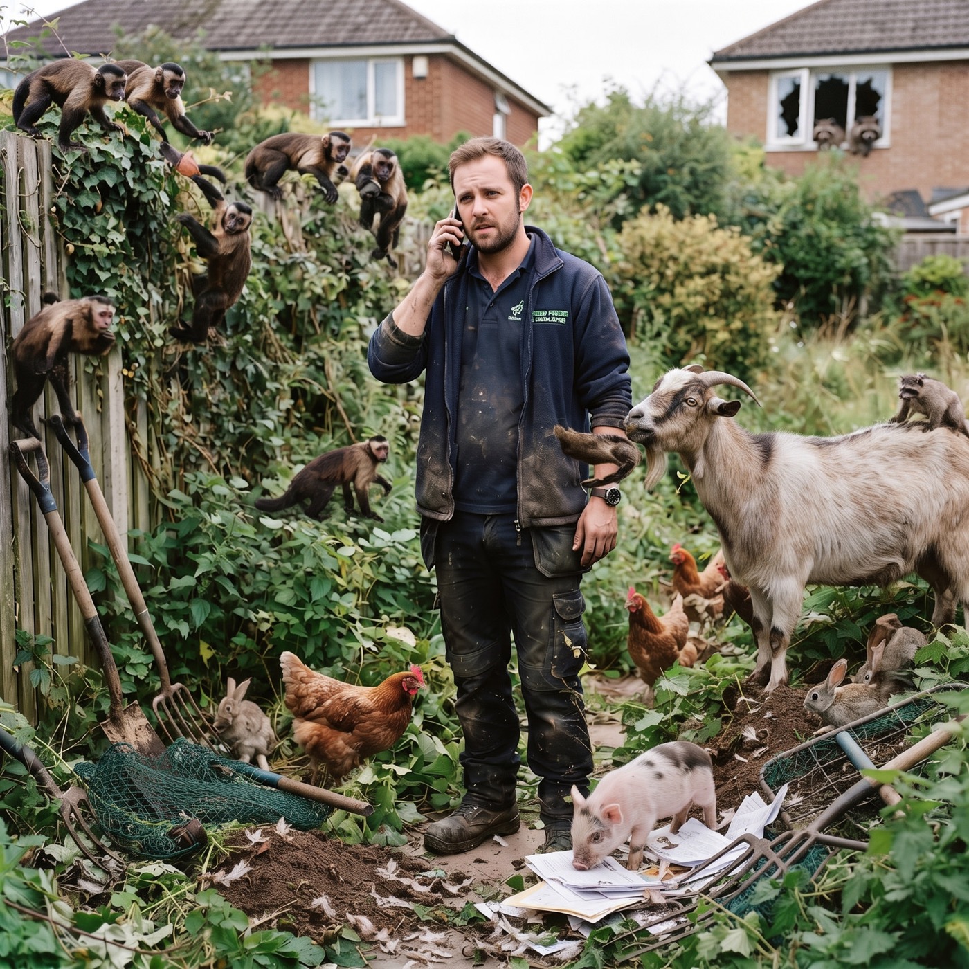 Landscaper on the phone in an overgrown garden