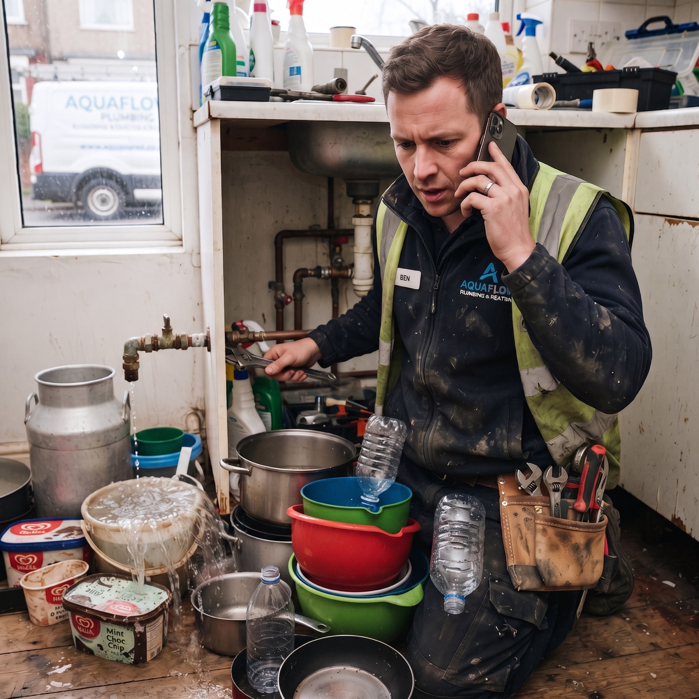 Plumber on a call surrounded by bowls catching water under a sink